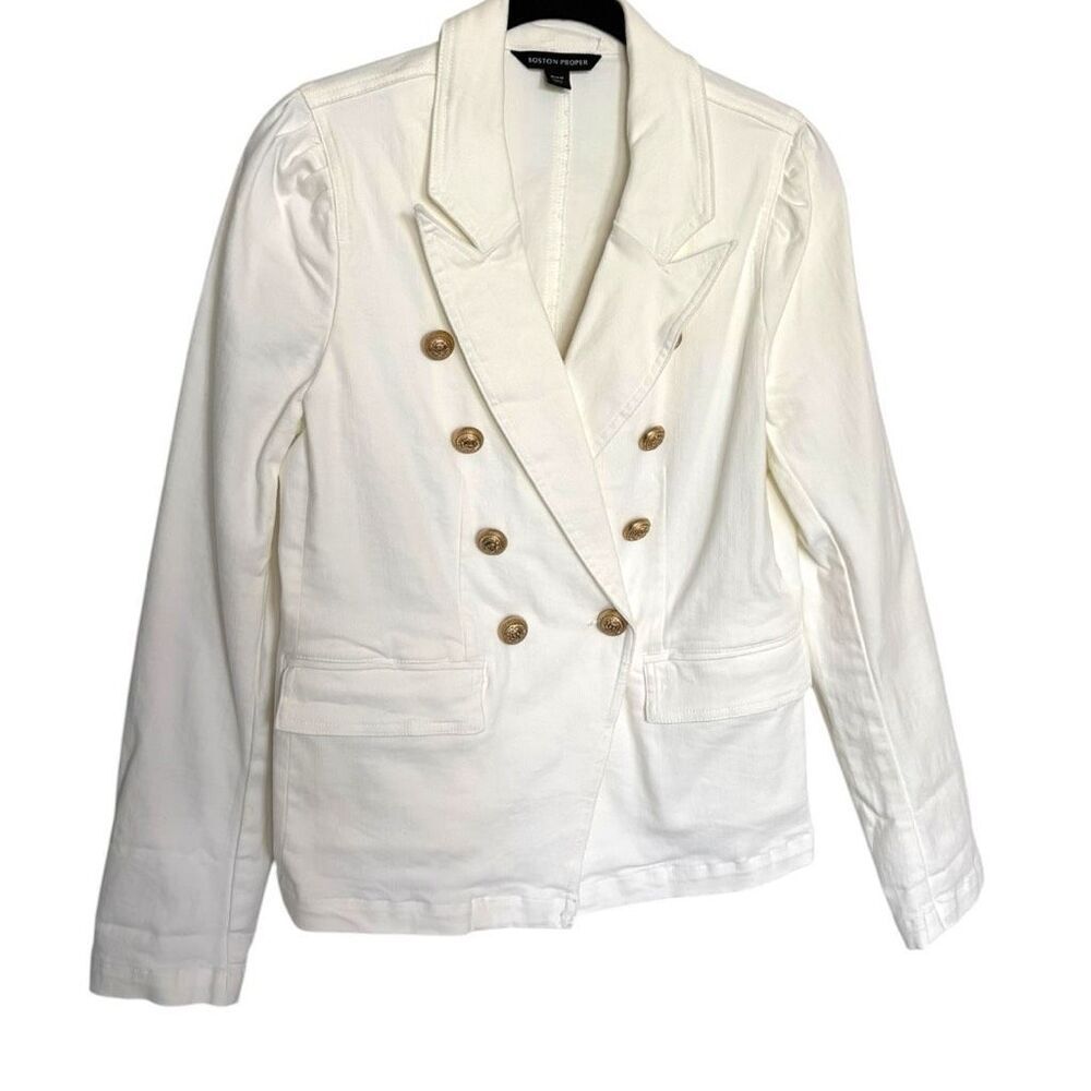 Boston Proper White Double Breasted Blazer Size Medium Gold Buttons Stretch